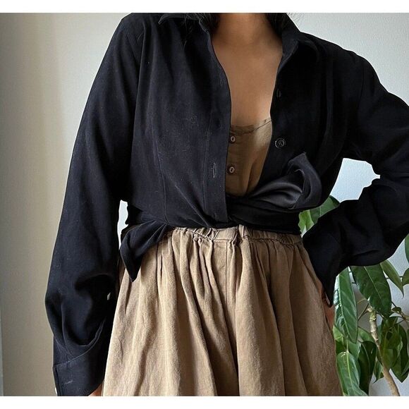 vtg 90s y2k suedelike black button down shirt classic tailored boho blouse small - Picture 3 of 10